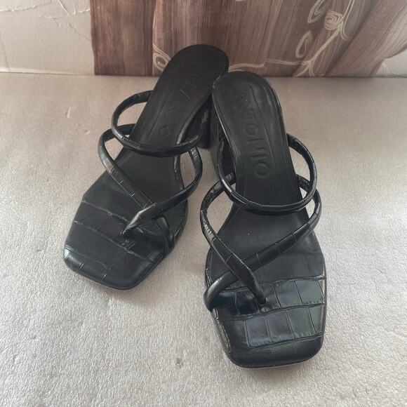 Y2K Antonio Melani Sandals Women 7.5M Black Leather Rexxza Crocodile Embossed - Picture 1 of 8